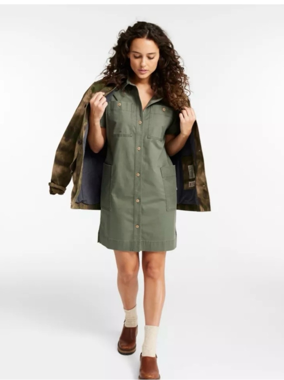 LL Bean Signature Shirt Utility Dress Button Front Twill Woman’s Olive Green M